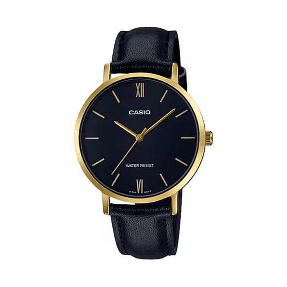 Casio Jewelry - Casio Women’s Black Leather Strap Analog Watch with Gold Case -